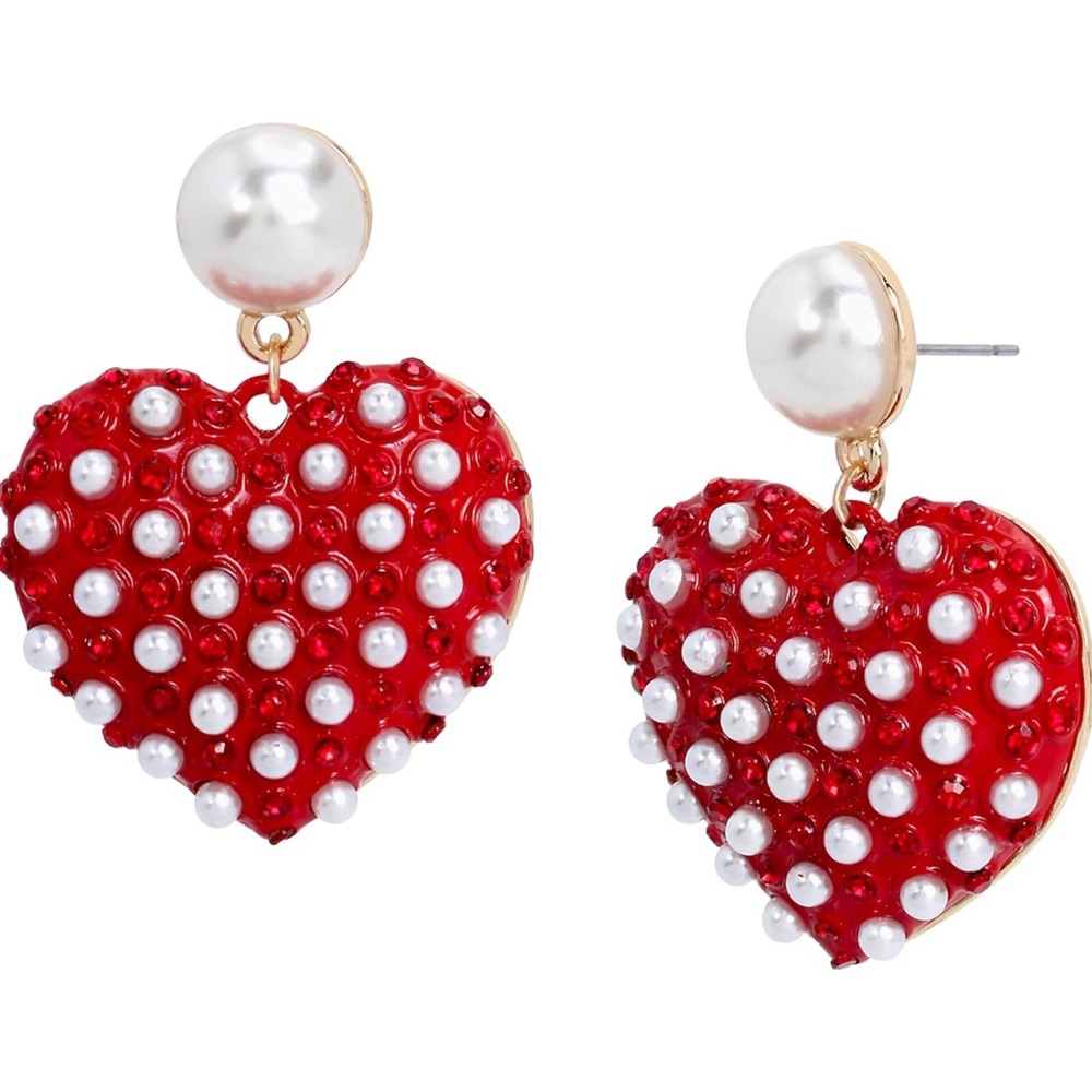 Brand New Betsey Johnson XOXO Pearl Heart Shaped Red Dangling Drop Earrings